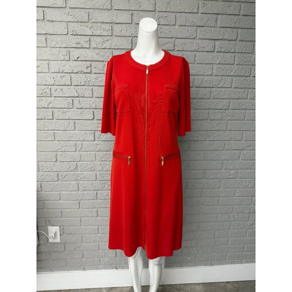 Misook Women Flame Red / Orange Full Front Zip -Up Knit Duster/ Dress Size M - Picture 1 of 9